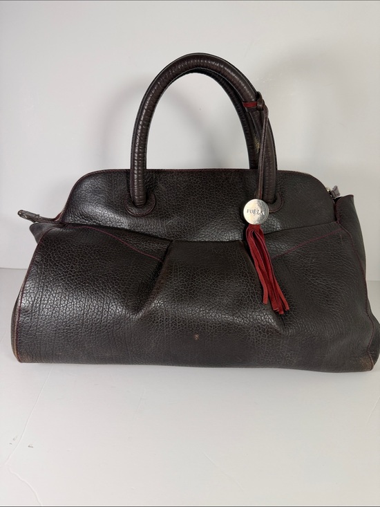 Furla Handbags - Furla Dark Brown Leather Satchel with Red Tassel